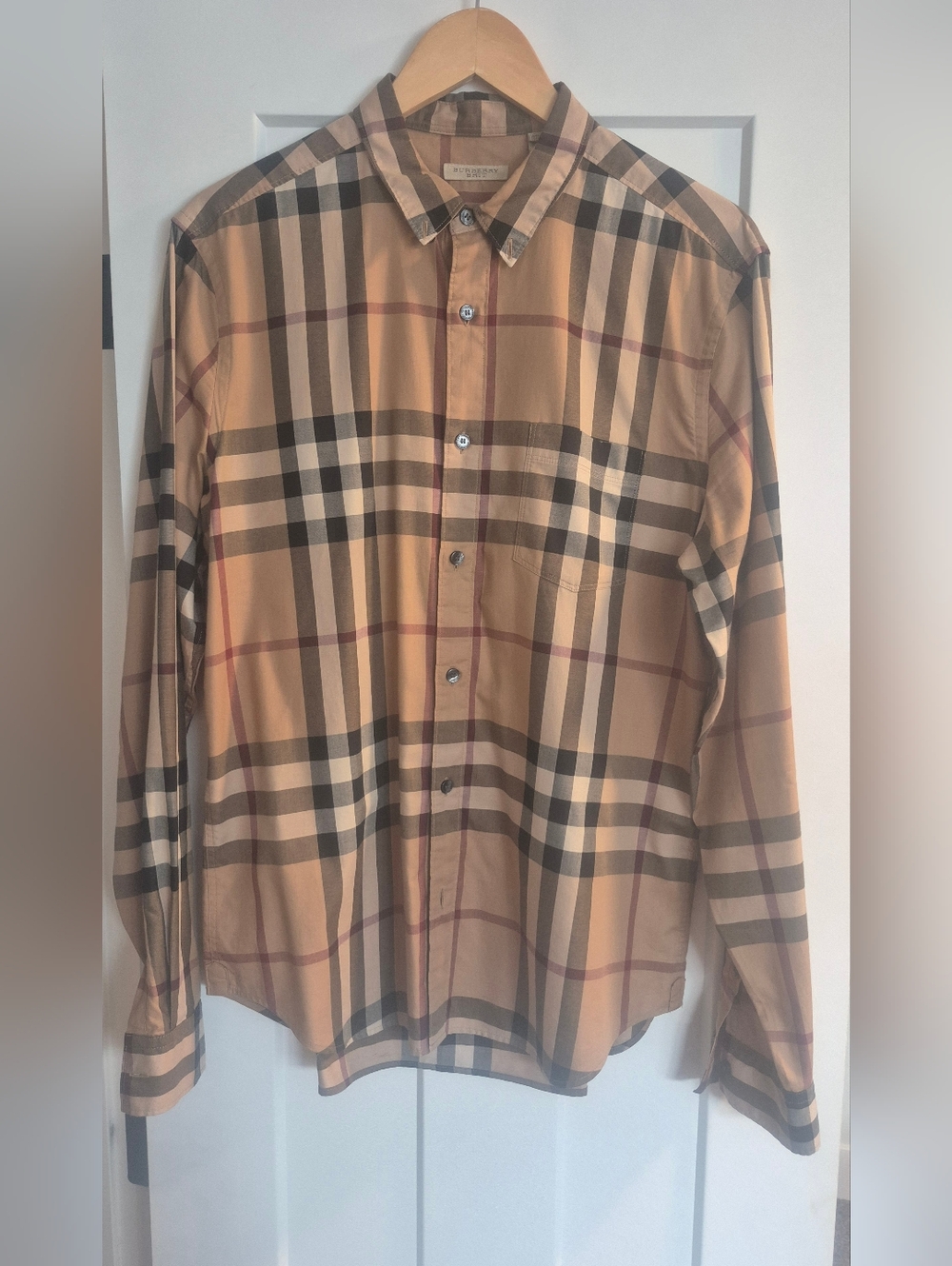 BURBERRY Beige Plaid Button-Down Long Sleeve Shirt - Size L